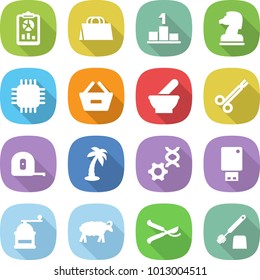 flat vector icon set - report vector, shopping bag, pedestal, chess horse, chip, remove from basket, mortar, surgical clamp, measuring tape, palm, dna edit, usb flash, hand mill, sheep, pruner