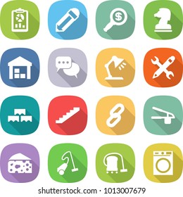 flat vector icon set - report vector, pencil, dollar magnifier, chess horse, warehouse, discussion, table lamp, wrench, block wall, stairs, link, garlic clasp, cheese, vacuum cleaner