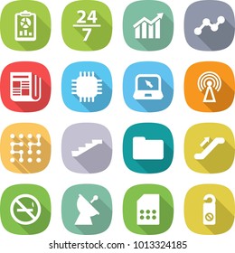 flat vector icon set - report vector, 24 7, diagram, graph, newspaper, chip, notebook, antenna, stairs, documents, escalator, no smoking, satellite, sim card, do not distrub