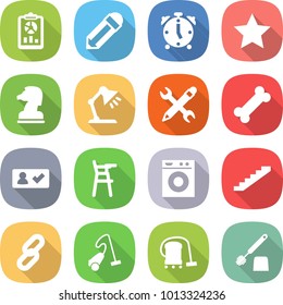 flat vector icon set - report vector, pencil, alarm clock, star, chess horse, table lamp, wrench, bone, check in, Chair for babies, washing machine, stairs, link, vacuum cleaner, toilet brush