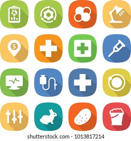 flat vector icon set - report vector, around gear, atom core, table lamp, dollar pin, medical cross, crutch, monitor pulse, dropper, orbit, setup, rabbit, potato, foam bucket