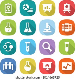 flat vector icon set - report vector, diagram, presentation, round flask, microscope, server, quantum bond, vial, magnifier, test, analytics