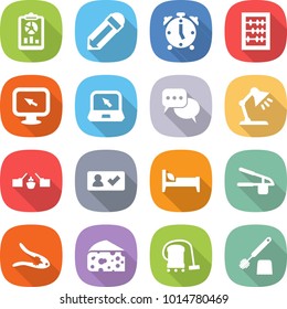 flat vector icon set - report vector, pencil, alarm clock, abacus, monitor arrow, notebook, discussion, table lamp, drawbridge, check in, bed, garlic clasp, walnut crack, cheese, vacuum cleaner