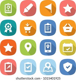flat vector icon set - report vector, marker, flag, star, medal, add to cart, clipboard, remove from basket, geo pin, mobile location, terms, pen, check, map, shield