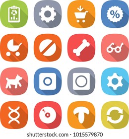flat vector icon set - report vector, gear, add to cart, percent, baby stroller, pill, bone, pacemaker, dog, ring button, dna, cd, mushroom, reload