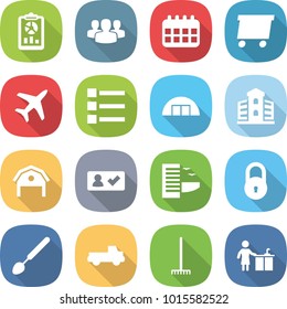 flat vector icon set - report vector, group, calendar, delivery, plane, list, hangare, building, barn, check in, hotel, lock, big spoon, pickup, rake, kitchen cleaning