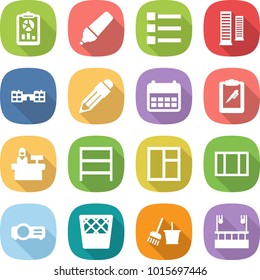 flat vector icon set - report vector, marker, list, skyscrapers, school, pencil, calendar, clipboard pen, reception, rack, window, projector, trash bin, bucket and broom, skysrcapers cleaning