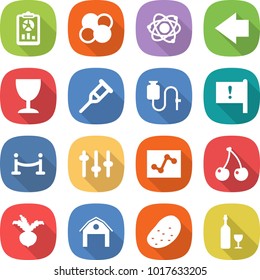 flat vector icon set - report vector, atom core, left arrow, wineglass, crutch, dropper, important flag, vip fence, setup, analytics, cherry, beet, barn, potato, wine
