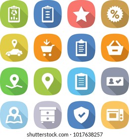 flat vector icon set - report vector, clipboard, star, percent, car pointer, add to cart, remove from basket, geo pin, check in, map, nightstand, shield, grill oven