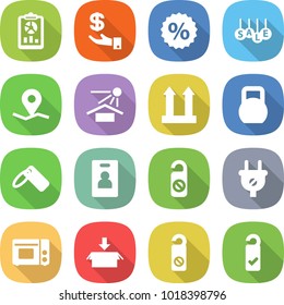flat vector icon set - report vector, investment, percent, sale, geo pin, sun potection, cargo top sign, heavy, label, identity card, do not distrub, plug, grill oven, package, please clean