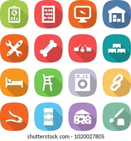 flat vector icon set - report vector, abacus, monitor arrow, warehouse, pencil wrench, bone, drawbridge, block wall, bed, Chair for babies, washing machine, link, walnut crack, pasta, cheese