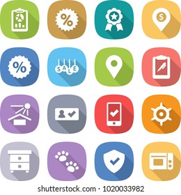 flat vector icon set - report vector, percent, medal, dollar pin, sale, geo, clipboard pen, sun potection, check in, mobile checking, handwheel, nightstand, pets, shield, grill oven