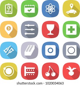 flat vector icon set - report vector, calendar, atom, car pointer, dollar pin, equalizer, wineglass, medical cross, crutch, brick, ring button, orbit, watering, cherry, beet