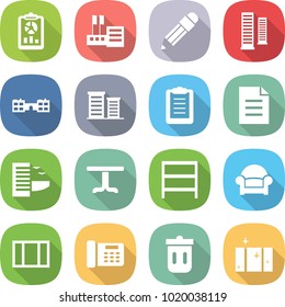 flat vector icon set - report vector, store, pencil, skyscrapers, school, district, clipboard, document, hotel, table, rack, armchair, window, office phone, trash bin, clean