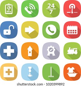 flat vector icon set - report vector, call, 24 7, laser, unlock, right arrow, phone, calendar, cross, tower, medal, train, first aid, rake, handle washing