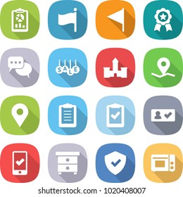 flat vector icon set - report vector, flag, medal, discussion, sale, castle, geo pin, clipboard, check, in, mobile checking, nightstand, shield, grill oven