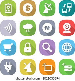 flat vector icon set - report vector, dollar, satellite antenna, notebook connect, wireless, cloud, crypto currency, web cam, cart, lock, magnifier, globe, plug, laptop wifi, server