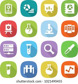 flat vector icon set - report vector, diagram, presentation, annual, round flask, microscope, server, vial, magnifier, pipette, test, analytics
