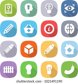 flat vector icon set - report vector, bulb head, brain, eye identity, pencil, add to basket, info, 3d, smart house, fence, eggplant
