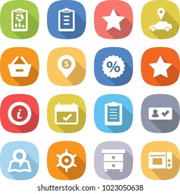 flat vector icon set - report vector, clipboard, star, car pointer, remove from basket, dollar pin, percent, info, terms, check in, map, hand wheel, nightstand, grill oven