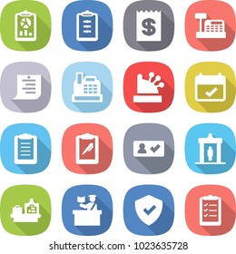 flat vector icon set - report vector, clipboard, receipt, cashbox, shopping list, terms, pen, check in, detector, baggage checking, inspector, shield