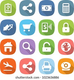 flat vector icon set - report vector, share, money, calculator, up down arrow, cart, mobile pay, lock, home, magnifier, unlock, globe, arrival, printer, web camera