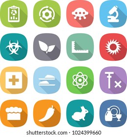 flat vector icon set - report vector, around gear, ufo, microscope, biohazard, leafs, ruler, sun, first aid, slippers, atom, no signal, chief hat, hot pepper, rabbit, dish cleanser