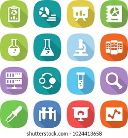 flat vector icon set - report vector, diagram, presentation, annual, round flask, microscope, server, quantum bond, vial, magnifier, pipette, test, analytics