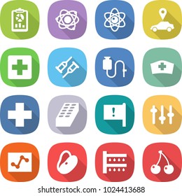 flat vector icon set - report vector, atom, car pointer, medical cross, crutch, dropper, hat, brick, important flag, setup, analytics, beans, watering, cherry