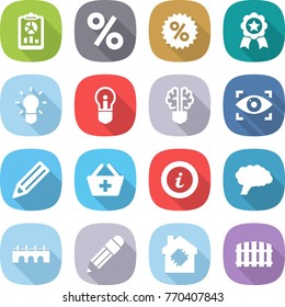 flat vector icon set - report vector, percent, medal, bulb, brain, eye identity, pencil, add to basket, info, bridge, smart house, fence