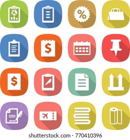 flat vector icon set - report vector, clipboard, percent, shopping bag, receipt, calendar, pin, tax, pen, document, cargo top sign, inventory, ticket, towels, paper towel
