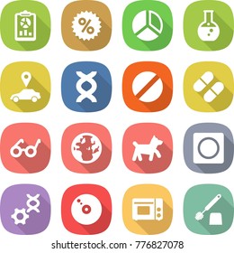 flat vector icon set - report vector, percent, diagram, round flask, car pointer, dna, pill, pacemaker, globe, dog, ring button, edit, cd, grill oven, toilet brush