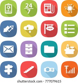 flat vector icon set - report vector, 24 7, newspaper, chip, up down arrow, cloud service, shop signboard, list, mail, archive, documents, reception, signpost, stairs, projector, antenna signal