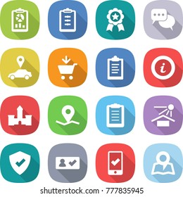 flat vector icon set - report vector, clipboard, medal, discussion, car pointer, add to cart, info, castle, geo pin, sun potection, protected, check in, mobile checking, map