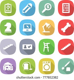 flat vector icon set - report vector, pencil, dollar magnifier, abacus, chess horse, notebook, table lamp, bone, stairs, check in, Chair for babies, cheese, vacuum cleaner, washing machine