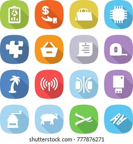 flat vector icon set - report vector, investment, shopping bag, chip, puzzle, remove from basket, list, measuring tape, palm, wireless, magnetic field, usb flash, hand mill, sheep, pruner