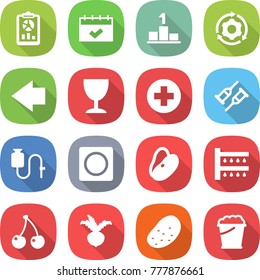 flat vector icon set - report vector, calendar, pedestal, around gear, left arrow, wineglass, medical cross, crutch, dropper, ring button, beans, watering, cherry, beet, potato, foam bucket