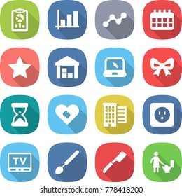 flat vector icon set - report vector, graph, calendar, star, warehouse, notebook, bow, sand clock, pacemaker, houses, power socket, tv, big spoon, chef knife, toilet cleaning