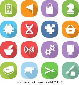 flat vector icon set - report vector, flag, shopping bag, chess horse, chip, dna, puzzle, remove from basket, mortar, wireless, edit, usb flash, steake, sheep, pruner, toilet brush