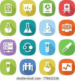 flat vector icon set - report vector, presentation, annual, round flask, microscope, server, quantum bond, vial, pipette, test, analytics
