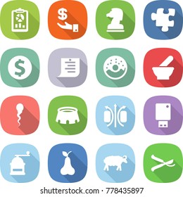 flat vector icon set - report vector, investment, chess horse, puzzle, dollar coin, shopping list, donut, mortar, sperm, stadium, magnetic field, usb flash, hand mill, pear, sheep, pruner