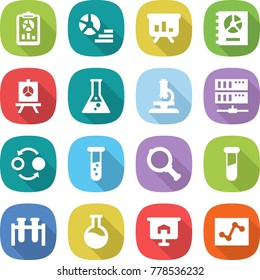 flat vector icon set - report vector, diagram, presentation, annual, flask, microscope, server, quantum bond, vial, magnifier, test, analytics