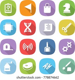 flat vector icon set - report vector, flag, shopping bag, chess horse, chip, dna, list, surgical clamp, measuring tape, wireless, scoop, edit, hand mill, steake, clothespin, toilet brush
