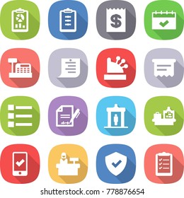 flat vector icon set - report vector, clipboard, receipt, calendar, cashbox, shopping list, atm, inventory, detector, baggage checking, mobile, reception, shield