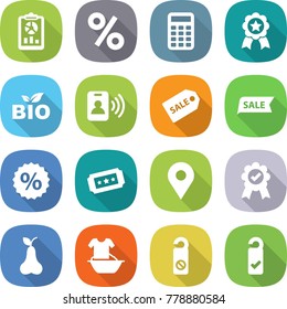 flat vector icon set - report vector, percent, calculator, medal, bio, pass card, sale label, ticket, geo pin, pear, handle washing, do not disturb, please clean