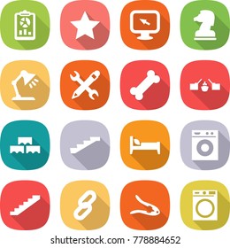 flat vector icon set - report vector, star, monitor arrow, chess horse, table lamp, pencil wrench, bone, drawbridge, block wall, stairs, bed, washing machine, link, walnut crack