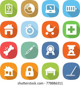flat vector icon set - report vector, circle diagram, notebook, battery, home, stopwatch, baby stroller, medical cross, broken bone, syringe, medal, sand clock, locked, garage, rake