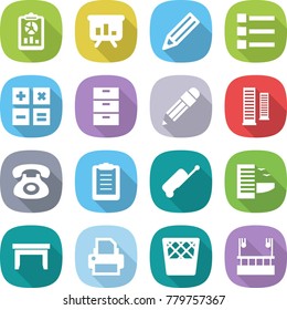 flat vector icon set - report vector, presentation, pencil, list, calculator, archive, skyscrapers, phone, clipboard, suitcase, hotel, table, printer, trash bin, skysrcapers cleaning
