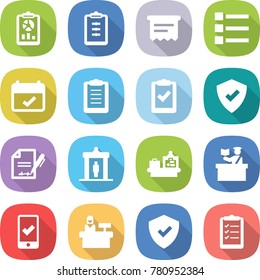 flat vector icon set - report vector, clipboard, atm receipt, list, terms, check, protected, inventory, detector, baggage checking, inspector, mobile, reception, shield