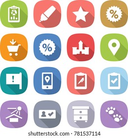 flat vector icon set - report vector, marker, star, percent, add to cart, castle, geo pin, important flag, mobile location, clipboard pen, check, sun potection, in, nightstand, pets